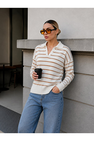 ASEDE Shirt V-Neck All-Season Wearable Striped Cotton Thin Knitwear Sweater