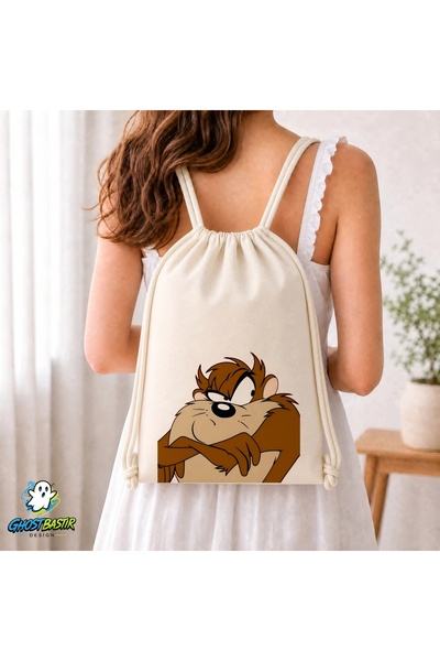 Ghostbastır Design Tasmanian Devil Drawstring Linen Bag C329