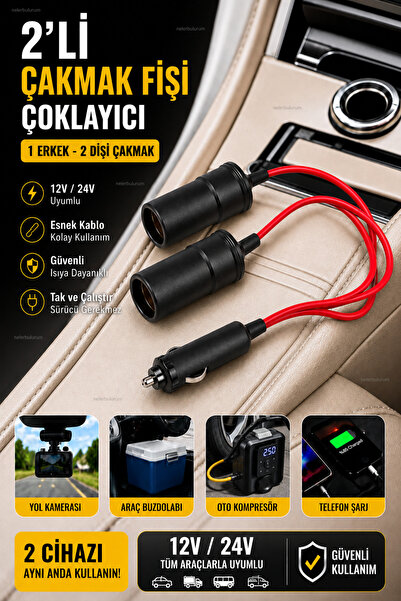 nelerbulurum 2'Lİ Araç Çakmaklık Çoğaltıcı 12V 24V – 1 Erkek 2 Dişi Esnek Kablolu, Telefon Şarjı, Yol Kamerası, Oto Süpürge ve Araç Buzdolabı Uyumlu