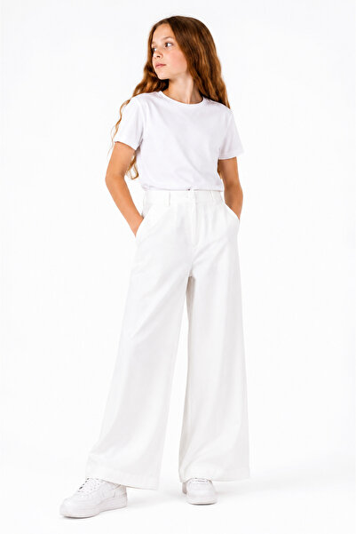 GİYİCEM TEKSTİL Girl's Street Comfort Wide Leg Loose Cut High Waist Linen Tro...