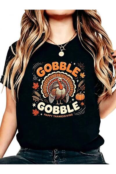 9JY تي شيرت نسائي كاجوال بتصميم جرافيك، تصميم Gobble Happy Thanksgiving Turke...