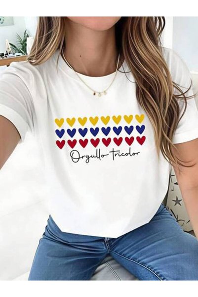 21JNRY تي شيرت نسائي بتصميم قلوب ثلاثية الألوان من Orgullo، مصنوع من القطن ال...