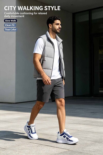 Al Masheel Store Men’s White & Navy Blue Color Block Mesh Sneakers, 5cm Heigh...