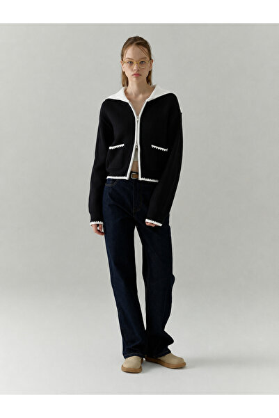Nimas Women's Sailor Collar Double Zipper Contrast Knitwear Cardigan