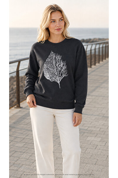 EMMODA Sweatshirt casual pentru femei, cu imprimeu cu frunze uscate și gât ro...