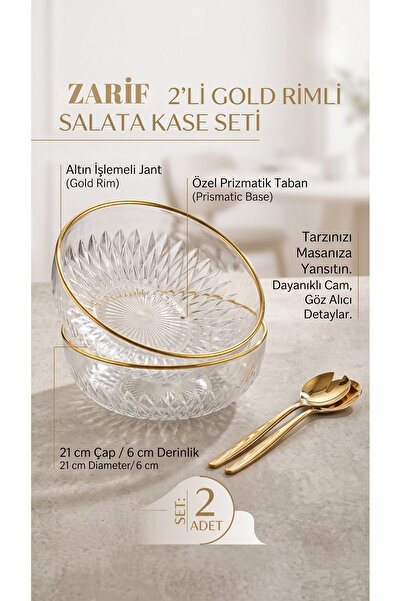 Arsimo Lüks 2'li Gold Yaldızlı Cam Salata Kasesi Seti - 21 cm Prizmatik Kesim...