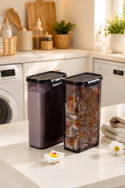 Porsima L-00895-2 2'li Toz ve Tablet Deterjan Saklama Kutusu Kabı Seti – Mutfak Düzenleyici Saklama Kabı Füme 2,5 Litre