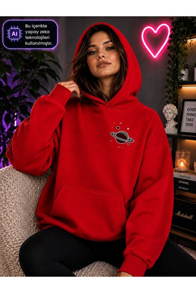EMMODA Women's Small Ringed Planet Saturn Printed Hooded Casual Sweatshirt wi...