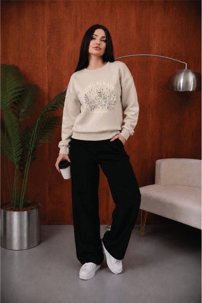 ESADE Kadın Owl Always Baykuş Baskılı Rahat Kalıp Bisiklet Yaka Bej Sweatshirt