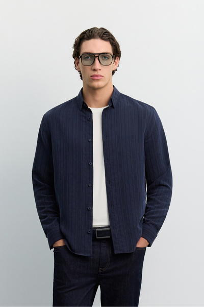 Avva Men's Navy Blue Bottomed Britli Modal Blended Striped Long Sleeve Comfor...