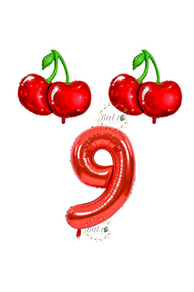BAL10 DÜNYASI Bal10 Cherry and Red Number Themed Foil Balloon Set Age-9