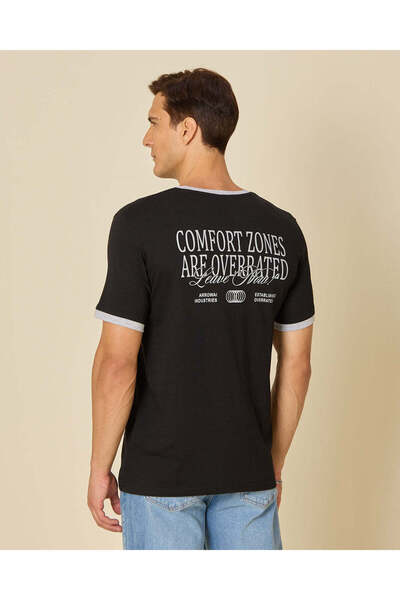 REDTAG Men Black Printed Crew Neck T Shirt
