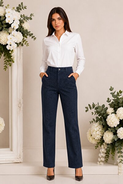 OEM Pantaloni Damă Albastru Eleganți cu Model Texturat – Bumbac Elastic, Croi...