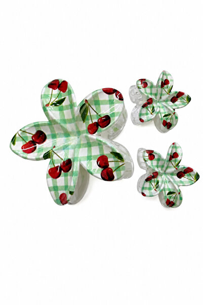 Jack Ferrero Cherry Patterned Gingham Flower Figured Hair Clip Set 3 Pieces -...