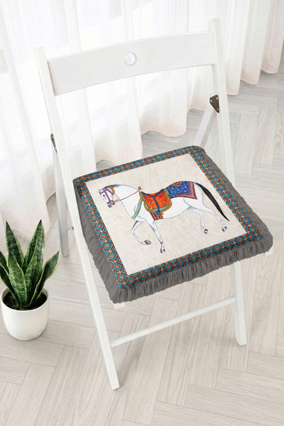 Realhomes Fringed Zippered Chair Cushion with White Horse Figure and Geometri...