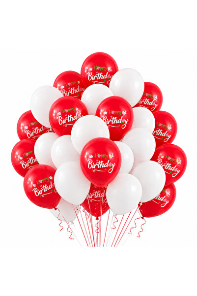 Ropet Set 100 Baloane Latex Rosu si Alb, Happy Birthday, 30 cm,