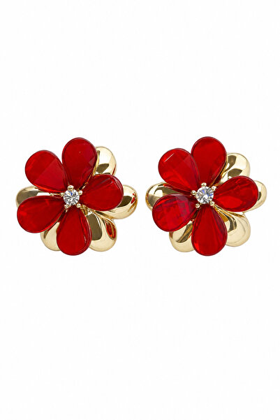 Jack Ferrero Red Flower Detailed Shiny Stone Bijoux Earrings (with Metallic D...
