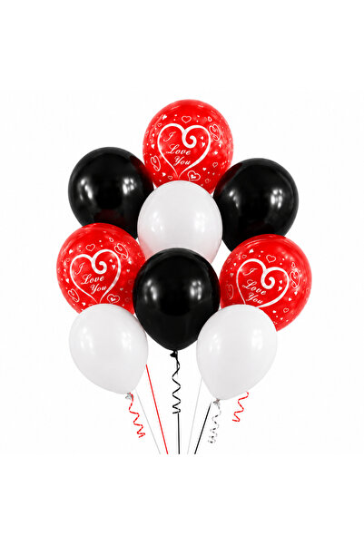 Ropet Set 10 Baloane Latex Rosu, Alb si Negru, I Love You, 30 cm,