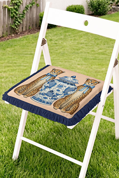 Realhomes Leopard Figured Blue Tile Vase Patterned Fringed Zippered Chair Cus...