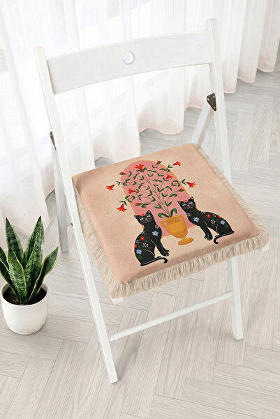 Realhomes Floral Black Cat and Vase Figured Fringed Zippered Chair Cushion - ...