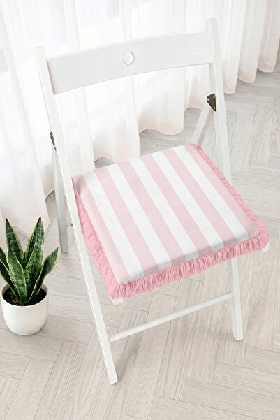 Realhomes Pink and White Wide Striped Fringed Zippered Chair Cushion - Patchw...
