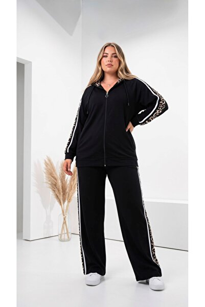 Koza Butik Women's Plus Size Long Sleeve Hooded Leopard Detailed Tracksuit Se...
