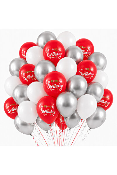 Ropet Set 100 Baloane Latex Rosu, Alb si Argintiu, Happy Birthday, 30 cm,