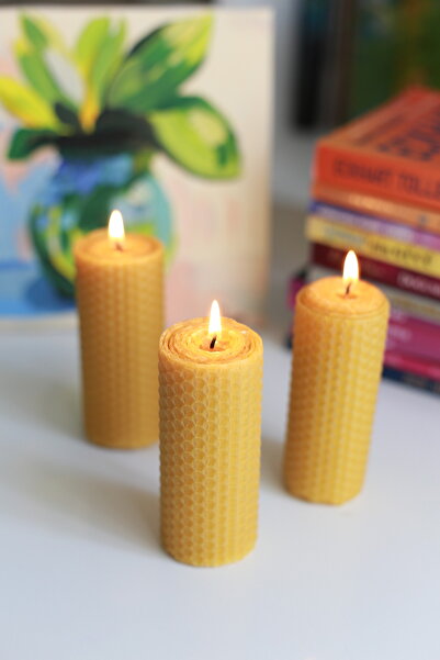 %100 Doğal Arı Balmumu Petek Mum 3'lü Set | El Sarımı | 4 x 10 cm