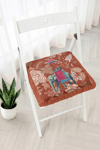 Realhomes Fringed Zippered Chair Cushion with Colorful Elephant Figures and F...