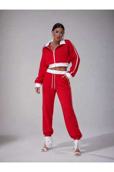 moda paketi Women's Red Contrast White Stripe Detailed Zippered Crop Top and ...