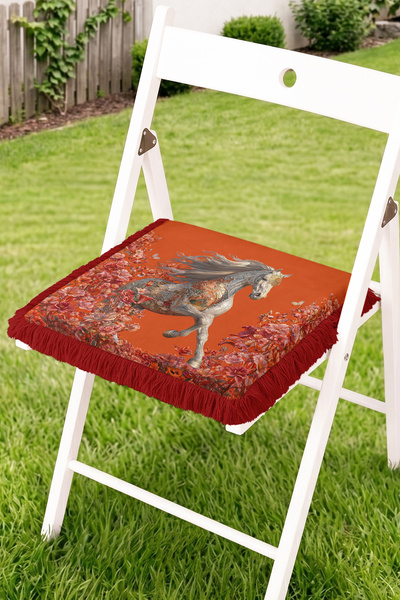 Realhomes Running White Horse and Floral Pattern Fringed Zippered Chair Cushi...