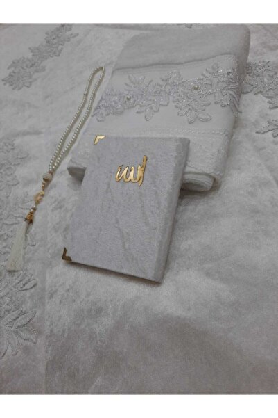 Lamazihome Ekru Krem Kadife Seccade Seti 4 Parça Havlu Tesbih Cüz Gelin Bohça...