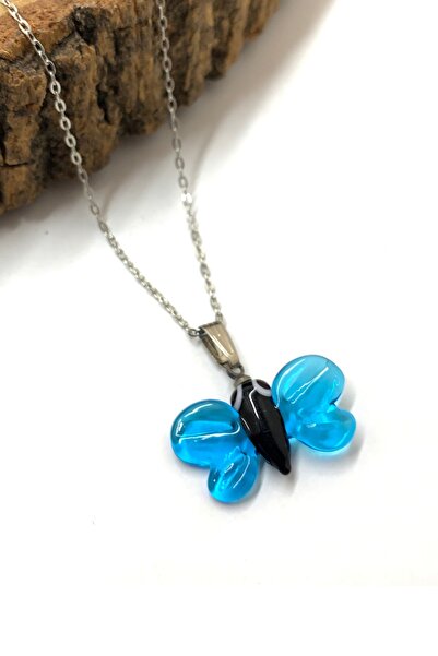 nazarboncuğu Transparent Blue Butterfly Glass Necklace