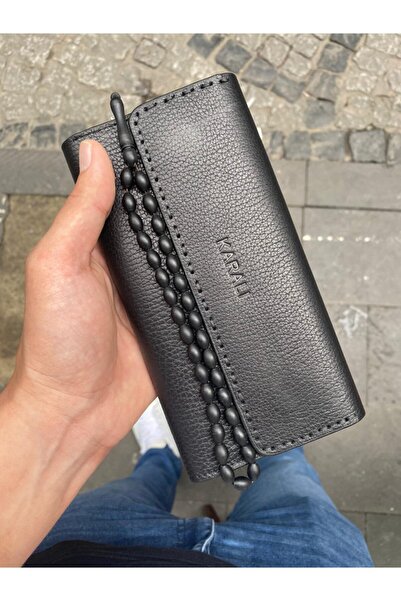 Karalı Deri Karali Deri Telefon Bölmeli Mıklatıslı Crazy Siyah Hakiki Deri Cü...