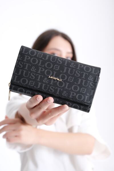 Just Polo Siyah Kadın Desenli Mıknatıs Kapamalı Cüzdan Jp002