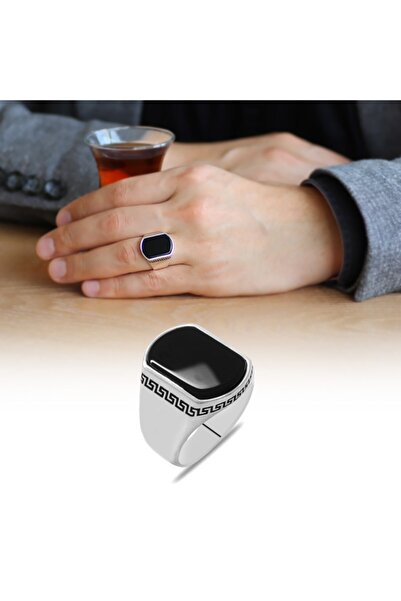 Tesbihane Flat Tasarım Siyah Oniks Taşlı 925 Ayar Gümüş Erkek Yüzük