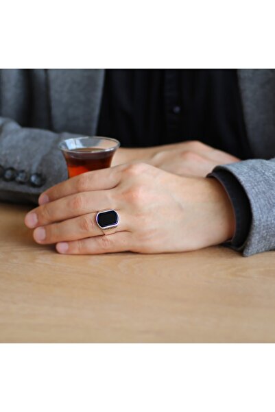 Tesbihane Flat Tasarım Siyah Oniks Taşlı 925 Ayar Gümüş Erkek Yüzük