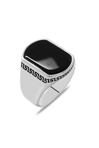 Tesbihane Flat Tasarım Siyah Oniks Taşlı 925 Ayar Gümüş Erkek Yüzük