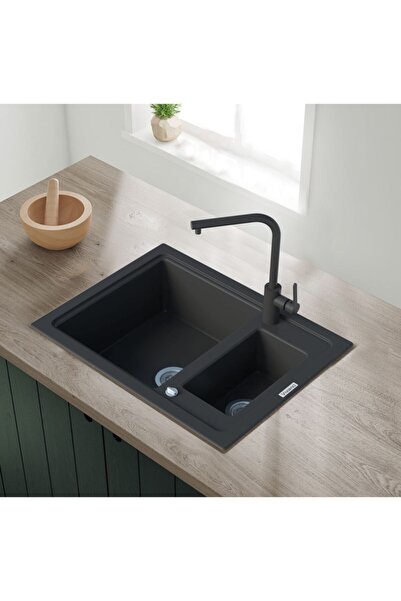 Vıvıano Viviano 50x60 Cm Siyah Granit Evye + Granit Evye Bataryası + Otomatik...