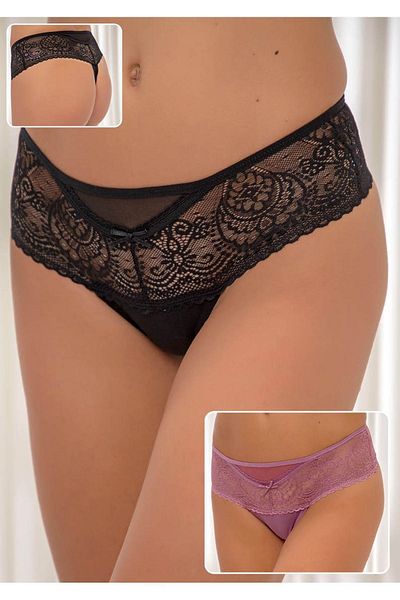Siyah İnci Black-rose 2-Piece Cotton Lace Lycra Thong