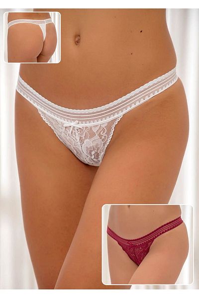 Siyah İnci Ecru Claret Red 2-Piece Cotton Lace Lycra Thong