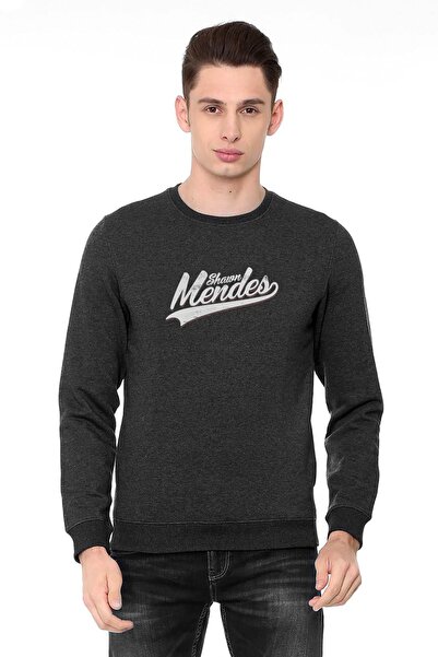 QIVI Shawn Mendes Logo Printed Smoked Anthracite Men's Knitted Sweatshirt Lon...
