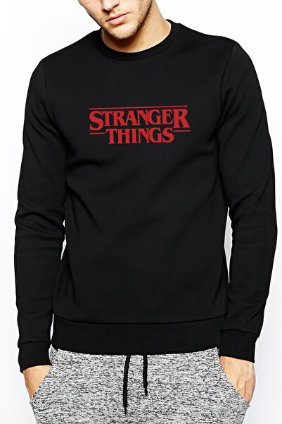 QIVI Stranger Things Logo Printed Black Men's Knitted Sweatshirt Long Sleeve