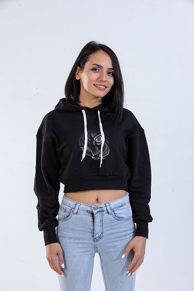 Raf Coll Hanorac crop cu mânecă lungă, negru, cu glugă, cu imprimeu de pisici