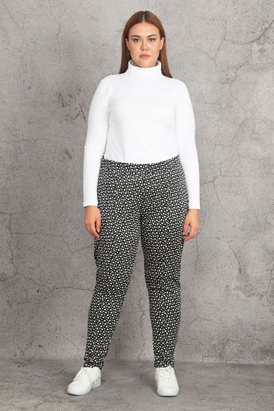 Şans Women's Large Size Black Elastic Waist Grass Stitched Patterned Trousers 65n19880