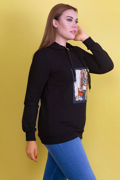 Şans Women's Large Size Black Hooded Sweatshirt with Front Lettering 65n19730