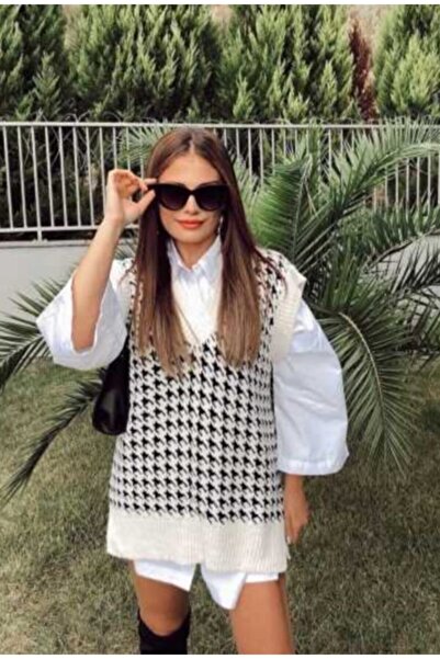 Zeynur Women's Ecru Goose Feet Pattern Knitwear Sweater