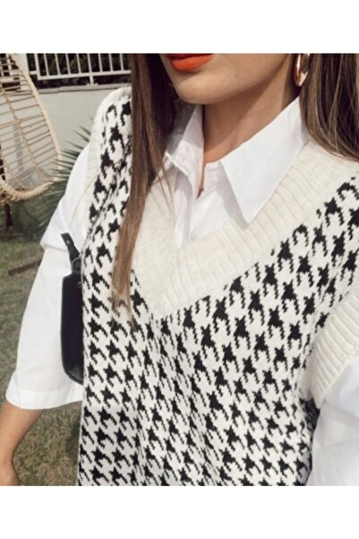 Zeynur Women's Ecru Goose Feet Pattern Knitwear Sweater