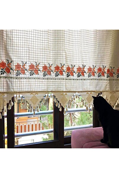 Yavuz Tekstil Turuncu Kanaviçe Işlemeli Dört Farklı Renk 100cm X 180cm Pamuk Perde