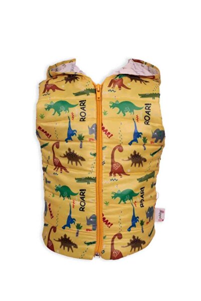 Hippıl Baby سترة منتفخة بغطاء للرأس مطبوعة على شكل ديناصور أصفر للفتيات الصغيرات